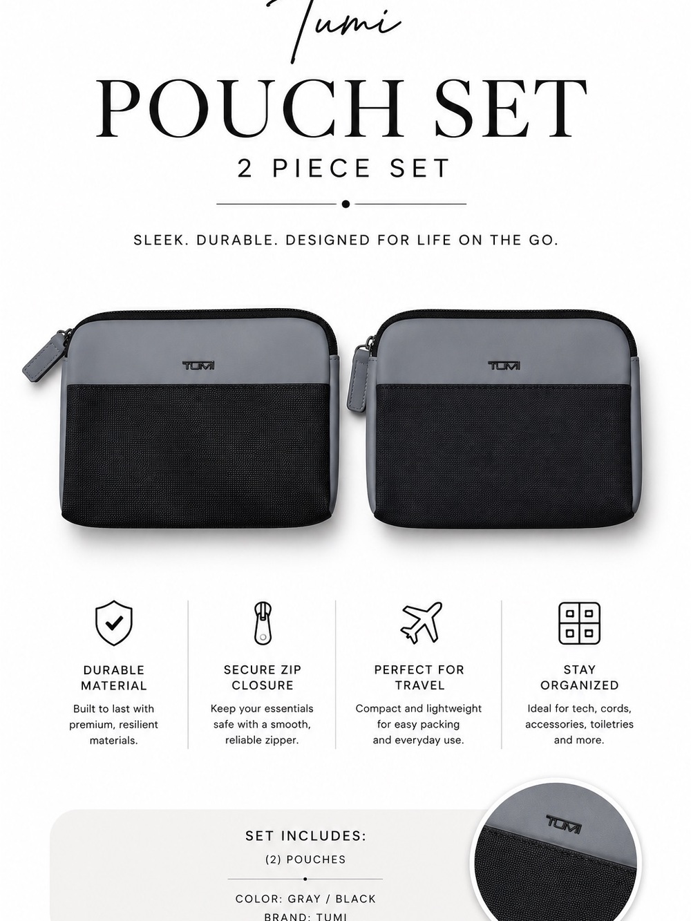 Tumi Gray and Black Two-Piece Travel Pouch Set